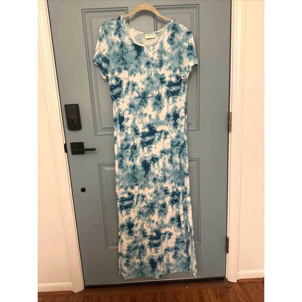 Bobbie Brooks Maxi Dress Tie Dye Teal Blue White Round Neck Pullover‎ 53" Long L